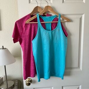 Lot of 2 Workout Tops adidas pink t-shirt and turquoise blue racer back tank